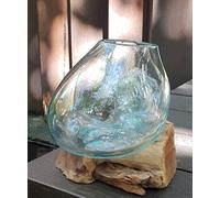 Medium Molten Glass Bowl Wooden Base Decorative Interior Accent