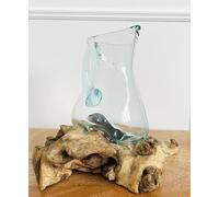 Molten Lava Glass Jug On Wooden Rustic Root Stand | Unique Pitcher Drinks Sculpture