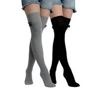 Molton Marley 2 Pack Over The Knee High Long Socks, Bow and Ribbon, Cotton Fine Knit, Girls' and Women's, Made in Europe (Grey, Black)
