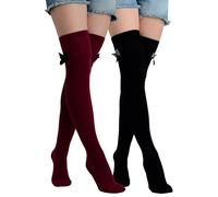 Molton Marley 2 Pack Over The Knee High Long Socks, Bow and Ribbon, Cotton Fine Knit, Girls' and Women's, Made in Europe (Dark Red, Black)