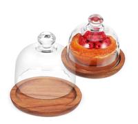 MOLUCKFU 2 Pcs Wooden Cake Stand with Glass Dome Lid Compact Acacia Wood Dessert Plate Food Freshness Preserving Display for Cakes and Pastries