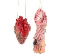 MOLUCKFU 2pcs Halloween Hanging Body Parts Set Simulated Human Organs Pendant Includes Small Heart and Screwed Broken Leg, Scary Haunted House Props for Horror Decorations