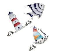 MOLUCKFU 3pcs Navy Style Brooch Set Featuring Sailboat, Lighthouse, and Tropical Fish Designs Made of Zinc Alloy, for Daily Wearing and Party Decoration on Sash or Handbag