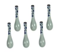 MOLUCKFU 6pcs Ceramic Blue Floral Serving Spoons for Soup Porridge Dessert Ice Practical Wide Handle Tableware for Home Restaurant Use