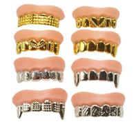MOLUCKFU 8Pcs Halloween Plating Fake Teeth Set, Funny Simulated Zombie Dentures for Cosplay Party Props, Mixed Gold and Silver Color, Novelty for Costume Accessories