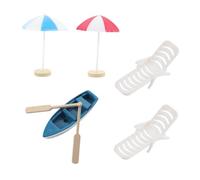 MOLUCKFU Beach Style Miniature Decoration Practical Mini Decor with Medium Sun Umbrellas Beach Chairs Blue Boats Wooden Oars for Fairy Garden Home Accessories
