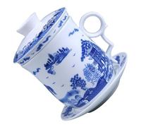 MOLUCKFU Chinese Blue and White Porcelain Tea Cup Set Lid and Infuser, Ceramic Traditional Teacups Four-Piece Set for Brewing and Drinking Tea at Home
