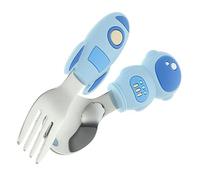 MOLUCKFU Toddler Training Fork Spoon Set Self-fed Soft Silicone Handle Stainless Steel for Boys and Girls