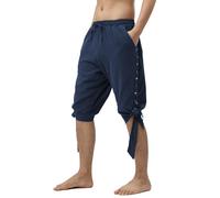 MoLucks Men’s Ankle Banded Lace-up Pirate Shorts, Medieval Viking Renaissance Navigator Halloween Cosplay Linen Costume Trousers(Navy,XL)