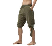 MoLucks Men’s Ankle Banded Lace-up Pirate Shorts, Medieval Viking Renaissance Navigator Halloween Cosplay Linen Costume Trousers(Army,L)