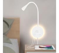 MOLUOLA LIGHTING LED Wall Mounted Reading Light, Flexible Gooseneck Book Light for Reading in Bed, Wall Lamp with USB + Type C Output, Night Light & Spotlight, Focused Bed Lamp (White)