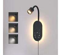 MOLUOLA LIGHTING Wall Reading Light, LED Book Lights for Reading at Night, Wall Lamp with 3 Color Temperature & Timers, Adjustable Gooseneck Headboard Plug in Wall Sconce with USB C+A Ports