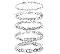 MOLUONAQI 5 Pcs Stainless Steel Chain Bracelet for Men Women Cuban Curb Width Link Chain Bracelets Set Men Jewelry Gifts for Dad Boyfriend Husband, 7/7.5/8.3/9 Inch, 7 Inch, Stainless Steel, Amethyst