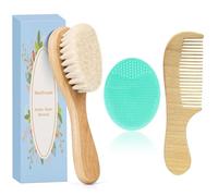 MolYuan Baby Hair Brush, Goat Bristles Brush and Baby Cradle Cap Brush Set for Cradle Cap Wood Bristle for Newborns and Toddlers (3PCS (Green Silicone Brush+Hair Brush+Wood Comb))