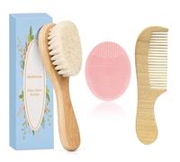 MolYuan Baby Hair Brush, Goat Bristles Brush and Baby Cradle Cap Brush Set for Cradle Cap Wood Bristle for Newborns and Toddlers (3PCS(Pink Silicone Brush+Hair Brush+Wood Comb))