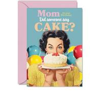 Mom Birthday Card - Did Somesone Say CAKE? - Happy Birthday Card for Mom from Son Daughter, 5x7 Inch Vintage Party Style Bday Greeting Cards