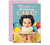 Mom Birthday Card - Did Somesone Say CAKE? - Happy Birthday Card for Mom from Son Daughter, A5 Vintage Party Style Bday Greeting Cards