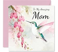 Mom Birthday Card - Hummingbird Wishes - Happy Birthday Card for Mom from Son Daughter, 145mm Pink Floral Illustration Bday Greeting Cards