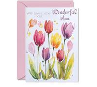 Mom Birthday Card - Watercolour Tulips Flowers - Happy Mothers Day Card for Mom from Son Daughter, A5 Female Floral Bday Greeting Cards