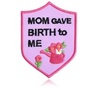 Mom Gave Birth to Me Patch Pink Shield with Watering Can Nurturing Flowers Embroidered Patch Iron-On/Sew-On DIY Craft for Backpacks Hats Jackets Jeans Tribute Badge for Moms Kids Mother’s Day Gifts