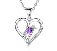 Mom Gifts Mom Birthstone Necklaces, Sterling Heart Pendant Birthstone Necklace for Mom, Mothers Valentines Day Christmas Birthday Gifts for Mom from Daughter Son, Sterling, Amethyst
