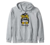 Mom Life Messy Bun Hair Funny Sunflower Zip Hoodie