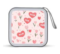 Mom Love Hearts Tulips Flowers Portable CD Case Holder 48 Capacity Travel DVD Storage Boxs Wallet Bag
