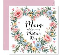 Mom Mothers Day Card - Flower Heart Wreath - Happy Mothers Day Card for Mom from Son Daughter, 145mm Flower Heart Wreath Bday Greeting Cards