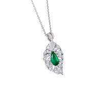 Mom Pendant Necklace, Wedding Necklace Silver Leaf with Pear-Shaped 0.75ct Created Emerald and Moissanite 18K White Gold 40+5cm