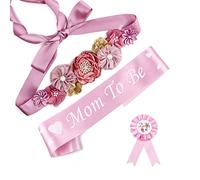 Mom to Be Sash Baby Shower Decorations Set for Gender Reveal Party, Newborn Gift for Expectant Parents, Dad to Be Pin Mommy Maternity Belly Band