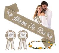 Mom to be Sash Baby Shower Set, Boho Baby Shower Sash, Mommy and Daddy to be Pins, Flower Crown for Gender Reveals Party, Maternity Shoot Props (Khaki)