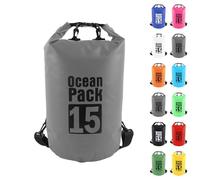 MOMAHUA 15L Waterproof Dry Bag Backpack with Double Shoulder Straps - Grey Durable PVC Roll Top Dry Sack - Heavy Duty Reusable Rucksack for Kayaking, Boating, Beach & Travel