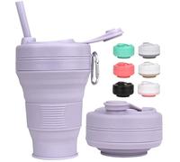 MOMAHUA 450ml/15oz Collapsible Coffee Cup with Lids,Purple Silicone Portable Water Cups,Reusable Coffee Mug,Foldable Camping Travel Cup Fits in Your Pocket,Folding Mug Collapses to 6cm