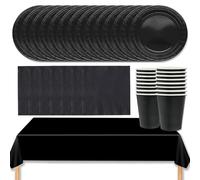 MOMAHUA 53P Party Tableware Set,Black Dinnerware Set with Plates,Tablecloth,Napkins,Cups,Solid Color Table Decorations for Birthday,Wedding,Picnic,Baby Shower,Party Supplies for 16 Guests