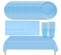 MOMAHUA 53P Party Tableware Set,Light Blue Dinnerware Set with Plates,Tablecloth,Napkins,Cups,Solid Color Table Decorations for Birthday,Wedding,Picnic,Baby Shower,Party Supplies for 16 Guests