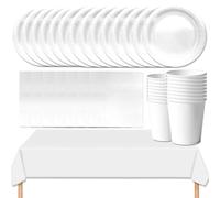 MOMAHUA 53P Party Tableware Set,White Dinnerware Set with Plates,Tablecloth,Napkins,Cups,Solid Color Table Decorations for Birthday,Wedding,Picnic,Baby Shower,Party Supplies for 16 Guests