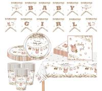 MOMAHUA 63Pcs Baby Shower Party Tableware Set for Girl Complete All in One Pink Decorations Kit with Plates,Napkins,Cups,Tablecloth&Banners for 16 Guests