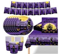 MOMAHUA 68Pcs Purple Halloween Tableware Set for 16 Guests - Happy Halloween Banner,Dinnerware Set with Paper Plates, Cups, Napkins Banners,Tablecloth for Scream Party Supplies Decorations