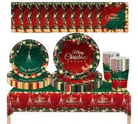 MOMAHUA 69 PCS Christmas Paper Tableware Set for 16 Guests, Red Green Xmas Tableware with Paper Plates, Paper Cups, Napkins, Tablecloth Christmas Dinner Table Decorations for Xmas Party Table Supplies