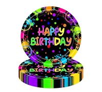 MOMAHUA Glow Party 9" Dinner Plates 16 Pcs, Neon UV Reactive Happy Birthday Paper Plates, Let's Glow Crazy Blacklight Theme Birthday Party Tableware Supplies for Kids Adults Boys Girls Food & Dinner