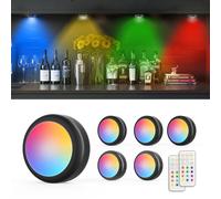 Moman 6 Pack Under Cabinet Lights, 13 Changing Colors LED Puck Lights with Remote Control, Dimmable Battery Operated Timer Stick on Light for Party, Under Cupboard, Wardrobe, Kitchen (T025 Black)