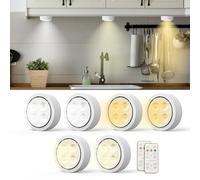 Moman 6 Pack Under Cabinet Lights, LED Puck Lights 3 Color Temperature with Remote Control, Dimmable Battery Operated Timer Stick on Light for Wardrobe, Stairs, Kitchen,Under Cupboard (T048C White)