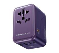 MOMAX Universal Travel Adapter,70W GaN Travel Plug Adapter with UK/EU/AU/US Plugs, 3USB-C PD & 2USB-A QC International Adapter Charger, Adapter Plug for Laptops Phones Vision Pro 1-World-Purple