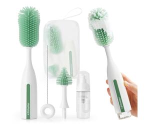 Momcozy Bottle Brush Kit Pro, Innovative Push-Press Design for Deep Cleaning - Bottle Cleaner Brush for Bottle/Breast Pumps/Nipple - Clog-Free Brush & Foam-Generating Design for Better Cleaning, Green