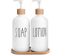 MOMEEMO White Soap Dispenser Bathroom Set, Bathroom Soap Dispenser Set with Glass Soap Dispenser, Bamboo Pumps & Tray. Soap and Lotion Dispenser Set Suitable for Bathroom Accessories Decor. (White)