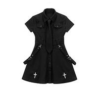 MOMEITU Goth Dress Punk Gothic Harajuku Summer Black Mini Dress Shirt Women 2021 Short Sleeve Emo Clothes Mall Goth Accessories, Black and Tie, XX-Large