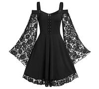MOMEITU Gothic Vintage Lace Patchwork Women Dress Plus Size Goth Bandage Ladies Spaghetti Strap Dresses, Black, Large