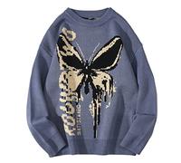 MOMEITU Hip Hop Knit Men's and Women's Sweater Harajuku Butterfly Loose Top Casual Streetwear Pullover Sweater(L,Blue)