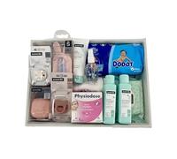 Momentosgourmet -Baby Pink Newborn Basket | Includes Gel, Shampoo, Cologne | Suavinex Pacifier, Thermometer, Bottle, Pacifier Holder, Brooch | 4 Diapers Size 2