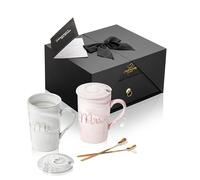 Moments by KEFF Mr & Mrs Coffee Mug Set of 2, 14oz Ceramic Mug with Lid & Teaspoon - Engagement Gifts for Couples Matching, Bridal Shower Gifts for Bride To Be - Just Married Couple Wedding Gift Ideas